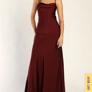 Lulus Wine Satin Cowl Neck Lace-Up Maxi Dress